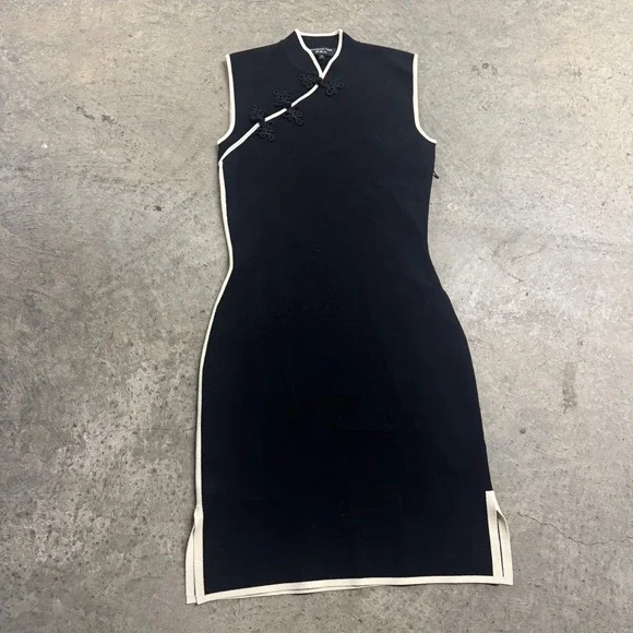 Shanghai Tang Women's Black White Trim Qipao Midi Chinese Dress S/S Designer - Picture 1 of 7